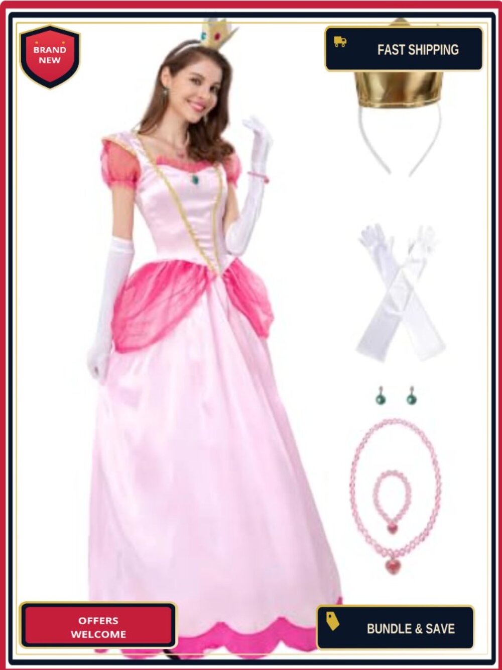 Princess Peach Costume Dress Crown Gloves Cosplay Halloween